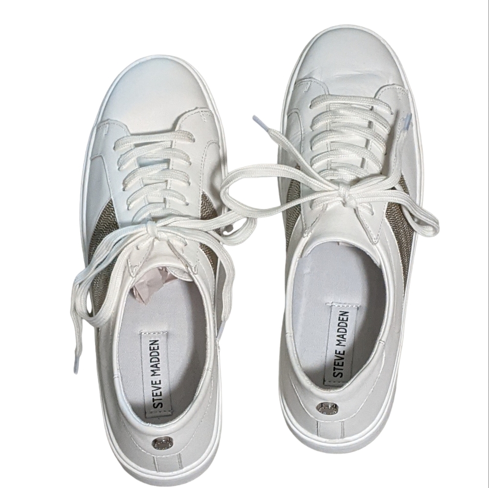Steve Madden leather swept casual fashion sneakers white metallic accent… - Picture 9 of 11
